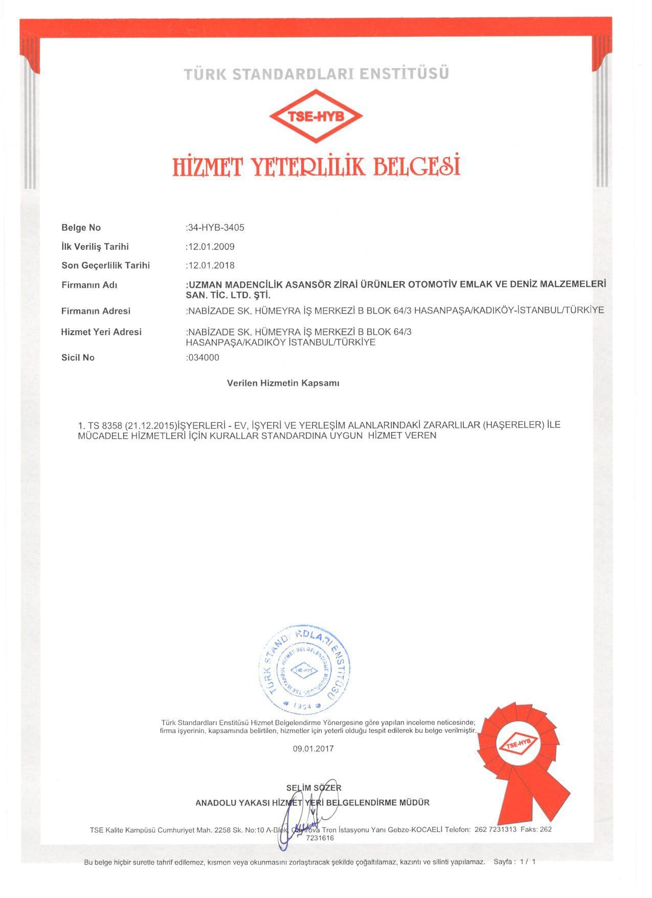 TSE HYB 8358 hizmet yeterlilik belgesi